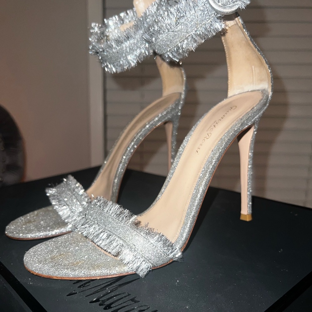 Gianvito Rossi Silver Heeled Sandals with Frayed Denim